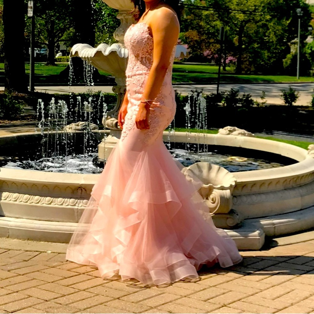 Beautiful dusty pink mermaid style, full bottom prom dress.
